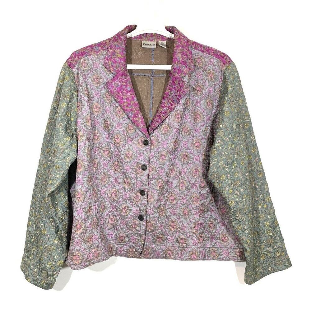 Chico's Size 3 US 16 Silk Multicolor Floral Patchwork Textured Blazer Jacket